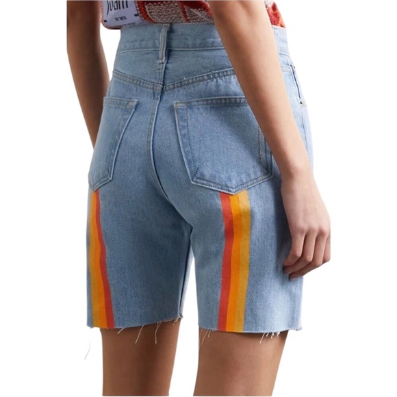 STILL HERE NYC Sunset Frayed Light Wash Yellow Striped Denim Shorts Size 27 - Picture 1 of 12